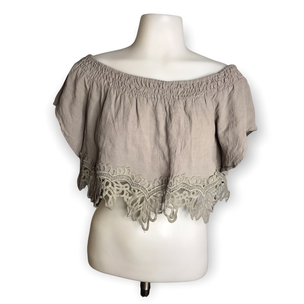 Tobi | Olive Green Crochet Trim Detailed Off Shoulder Crop Top •